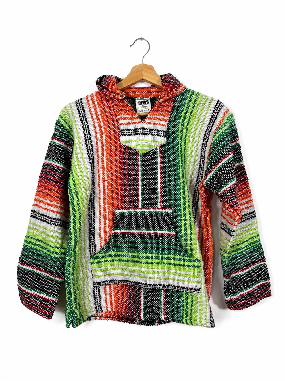 Vintage IWS Colorful Cotton Blend Striped Baja Hoodie Rug Mexican Poncho Size S